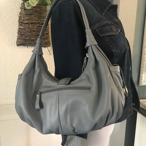Italian Gray Leather Michael Rome Slouch Satchel Purse - Picture 3 of 16